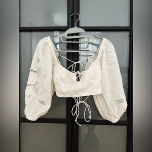 Zara Floral Embroidered White Linen Blend Top